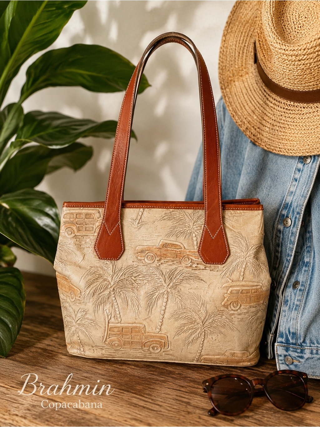 Brahmin Retro Vintage Copa Cabana Cream Palm Trees Tropical Shoulder Bag